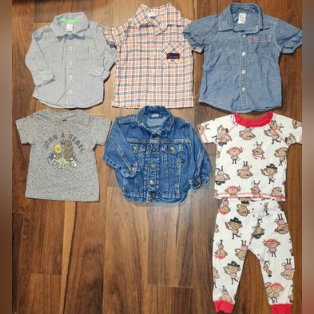 Boys Sz 12 mo NWOT and Very Gently Worn Lot of Shirts, Denim Jacket, & Pajamas